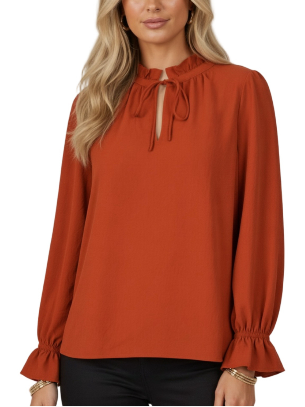 NWT J. CREW Burnt Orange Tie Neck Ruffle Cuff Long Sleeve Blouse Size Medium